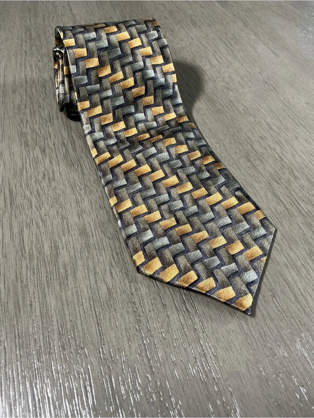 VTG Carlos Devenezia Geometric Basketweave Silk Tie Brown Gold Gray